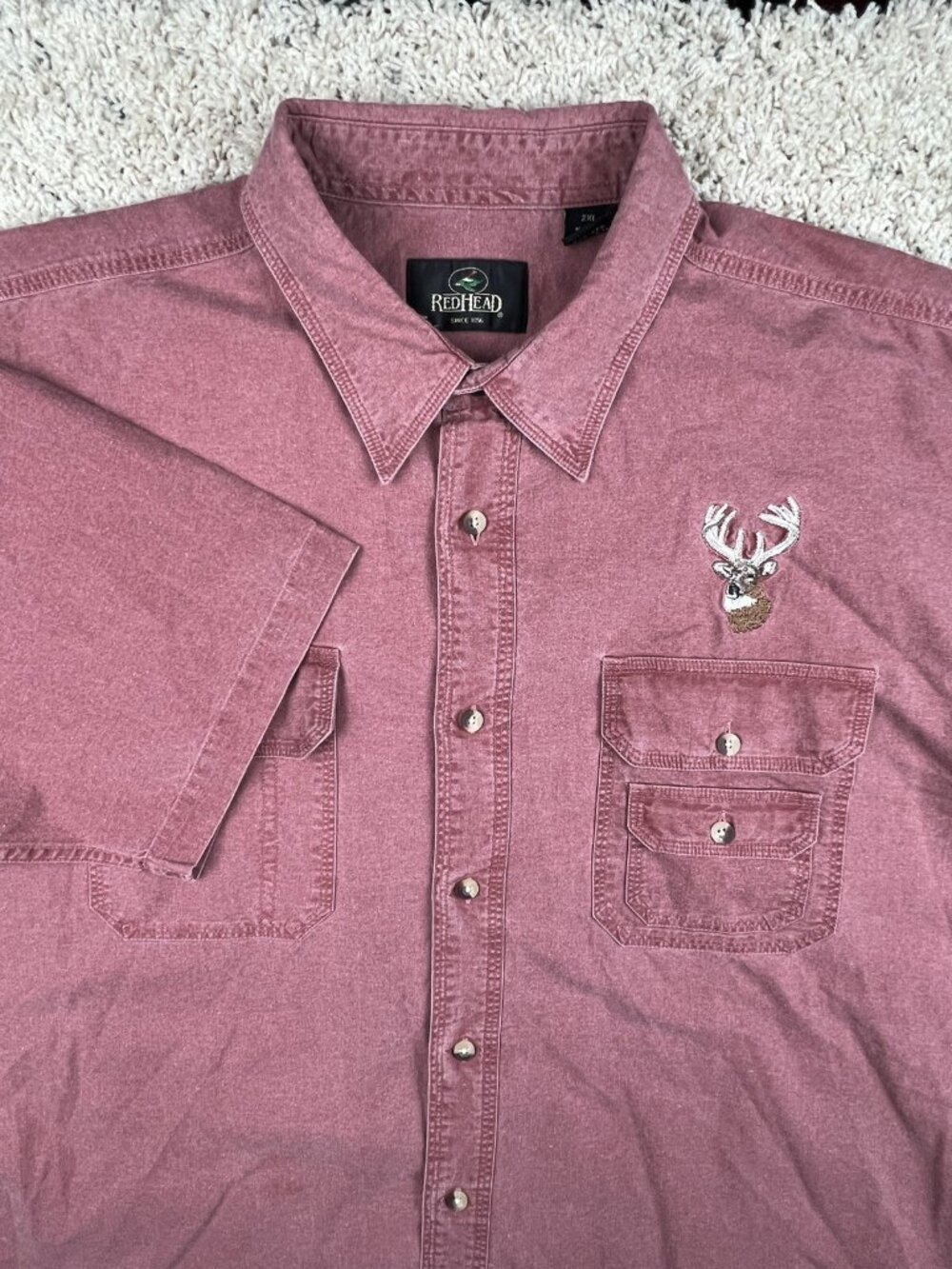 Redhead Embroidered Deer Stag Men 2XL Short Sleeve Button Up Red Cotton Hunting